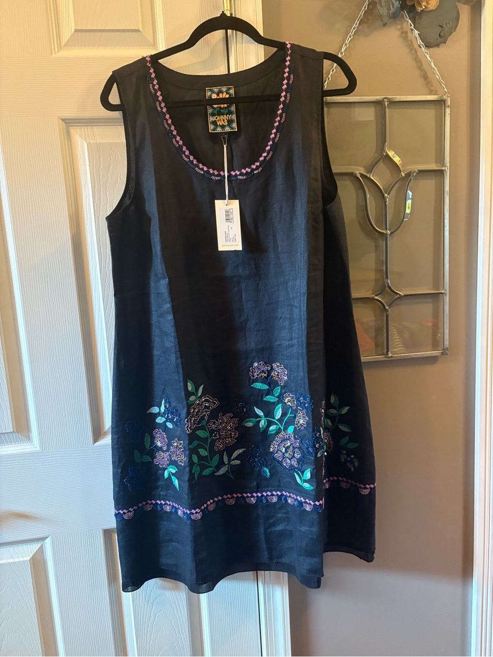 NWT Johnny Was Linen Mixed Media Tank Dress XL Black Embroidered Floral JJ8326-B